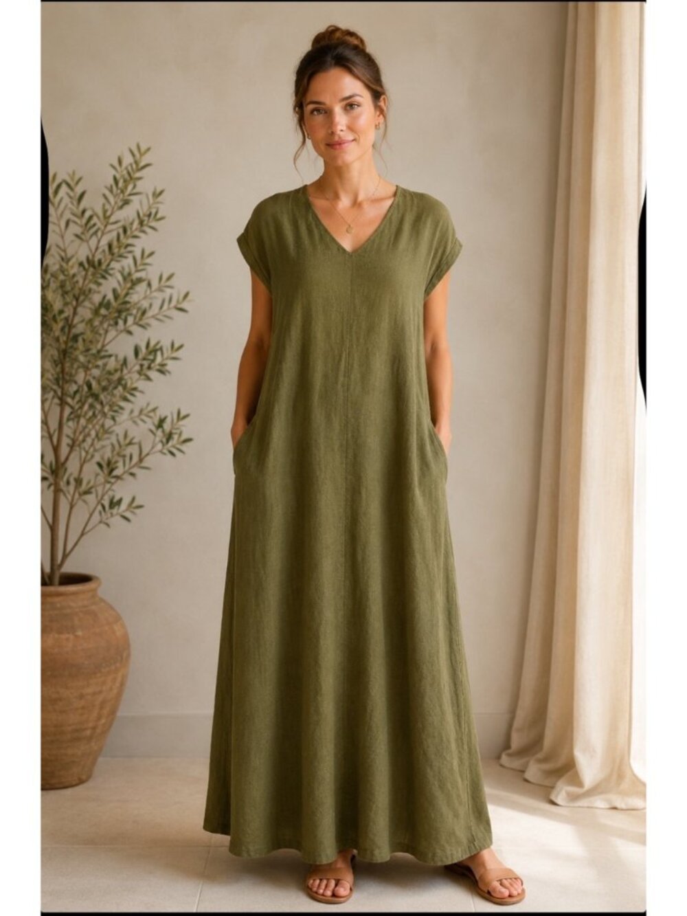 Flax Jeanne Engelhart Olive Green Linen Maxi Dress Large Lagenlook Minimalist - Picture 2 of 13